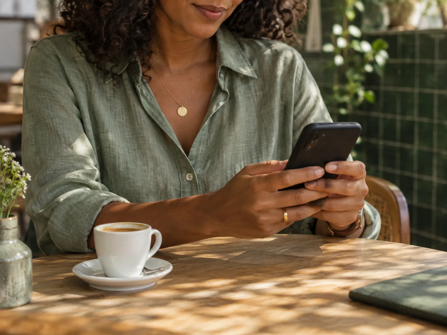 Cliente responde pelo celular enquanto toma um café à mesa.