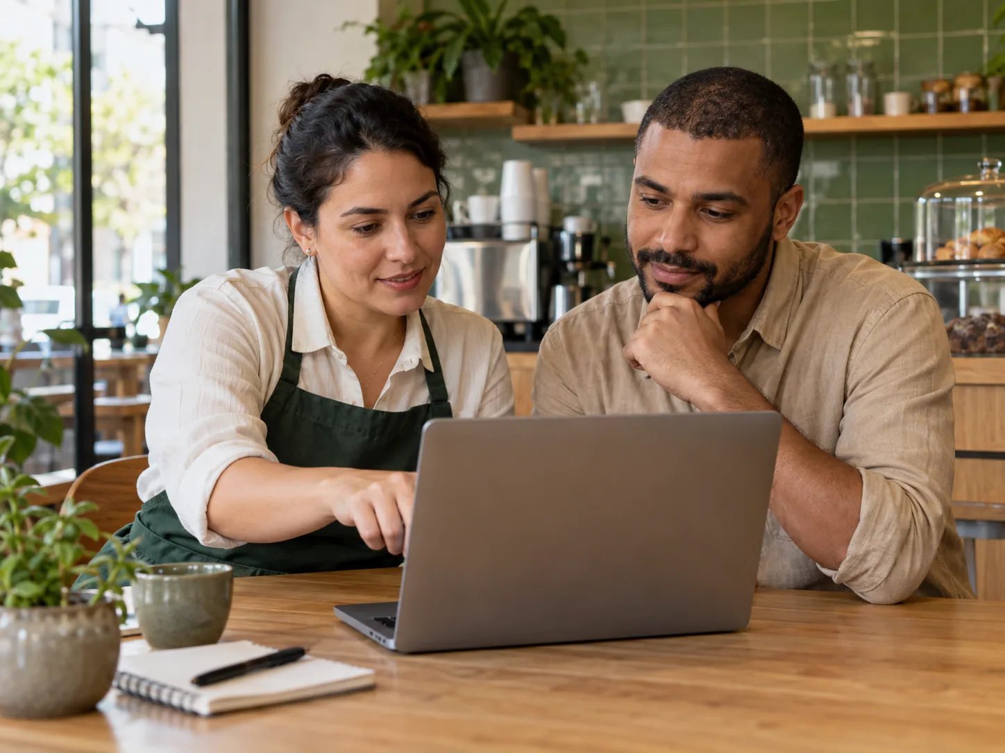 Duas pessoas da equipe de um café conversam sobre um atendimento em frente a um notebook.